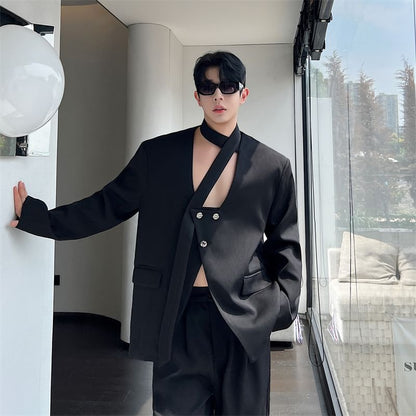 Scarf Neck Buttoned Blazer - Plain Slit Design