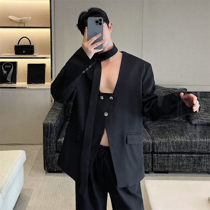 Scarf Neck Buttoned Blazer - Plain Slit Design