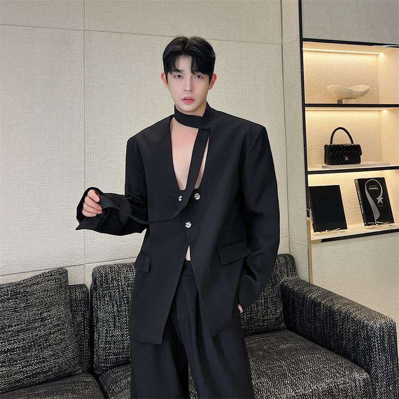 Scarf Neck Buttoned Blazer - Plain Slit Design