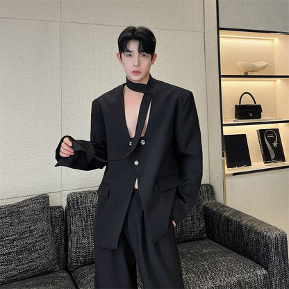 Scarf Neck Buttoned Blazer - Plain Slit Design