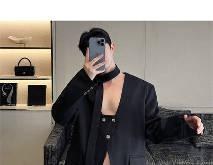 Scarf Neck Buttoned Blazer - Plain Slit Design