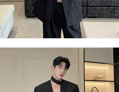 Scarf Neck Buttoned Blazer - Plain Slit Design