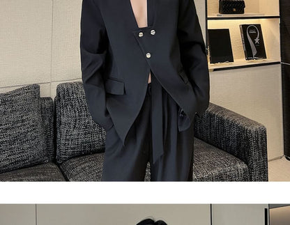Scarf Neck Buttoned Blazer - Plain Slit Design