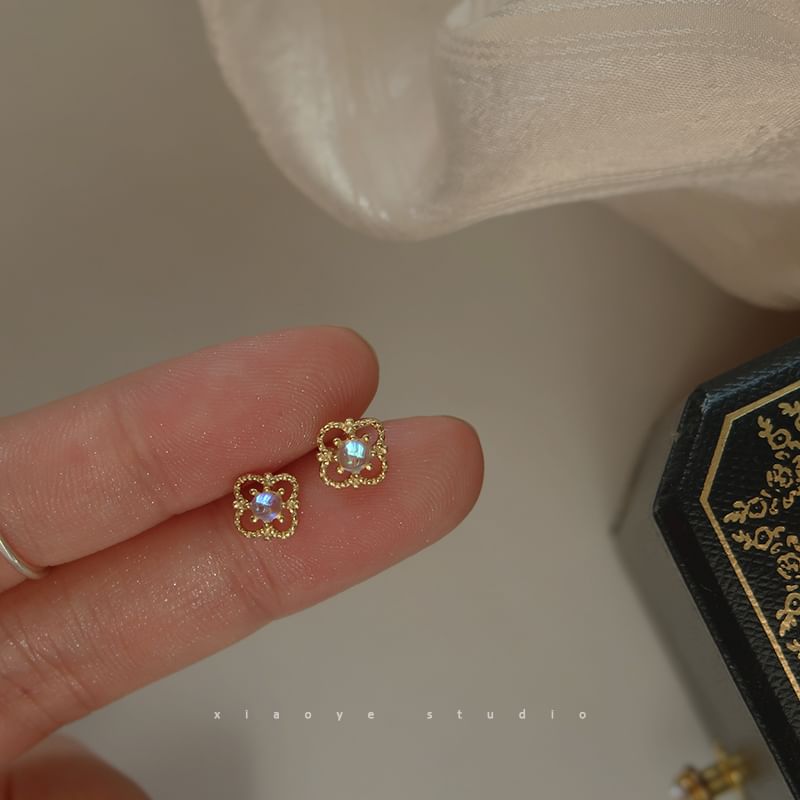 Rhinestone Earring Clover Stud Sterling Silver S925