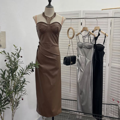 Halter Slit Faux Leather Sheath Midi Dress