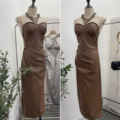Halter Slit Faux Leather Sheath Midi Dress