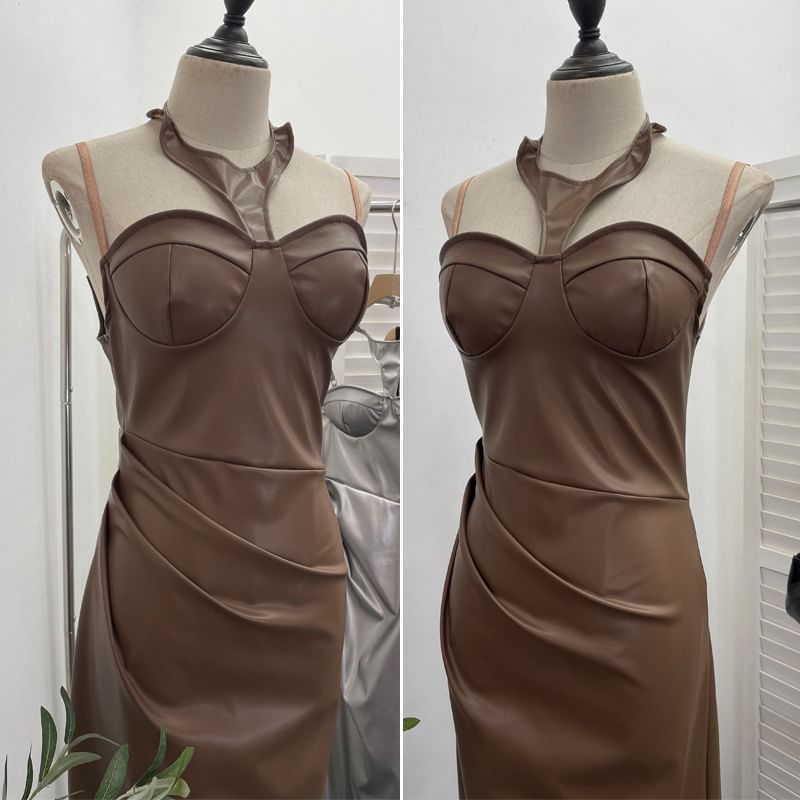 Halter Slit Faux Leather Sheath Midi Dress