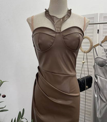 Halter Slit Faux Leather Sheath Midi Dress