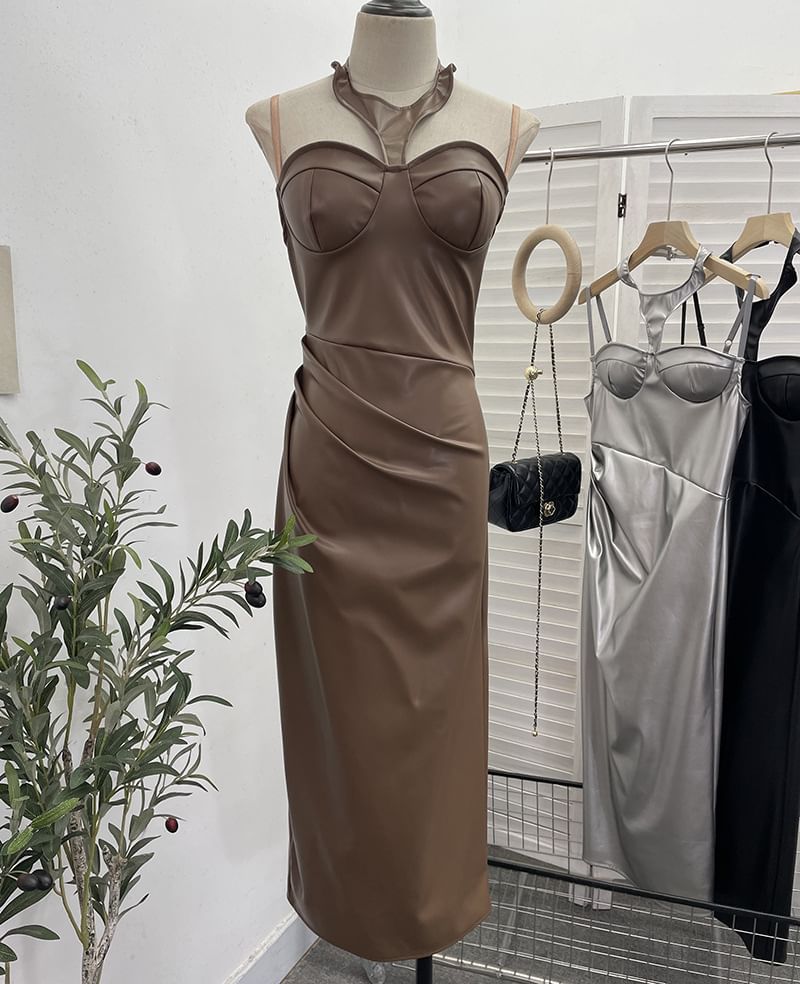 Halter Slit Faux Leather Sheath Midi Dress