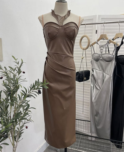 Halter Slit Faux Leather Sheath Midi Dress