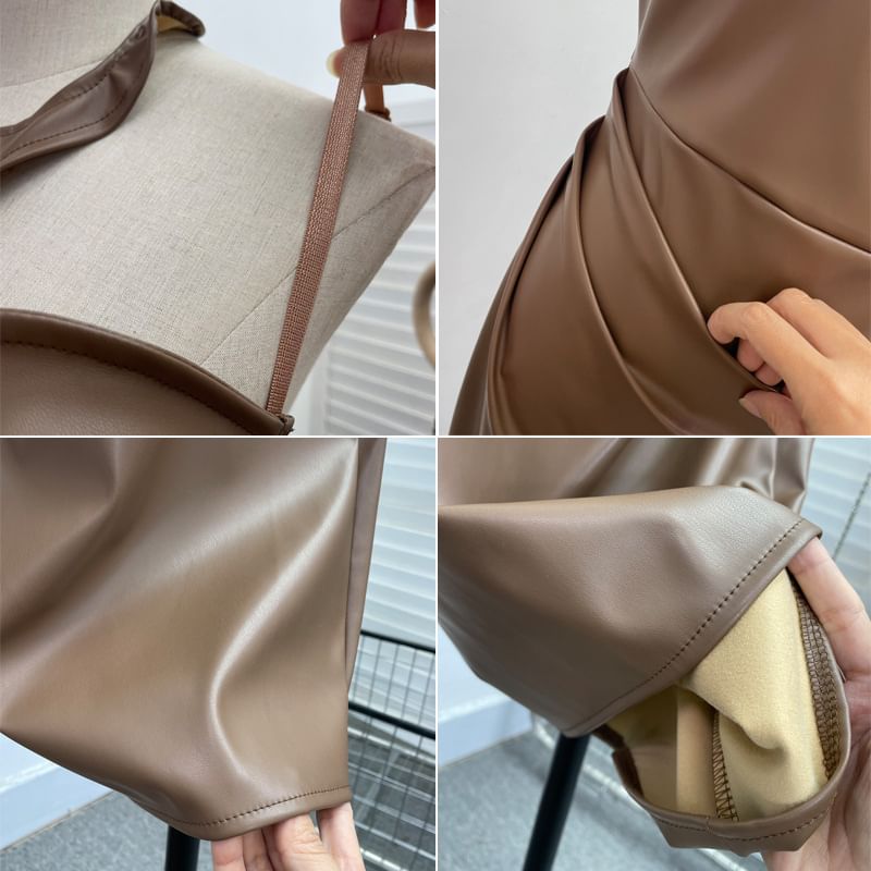 Halter Slit Faux Leather Sheath Midi Dress
