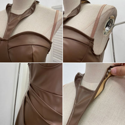 Halter Slit Faux Leather Sheath Midi Dress