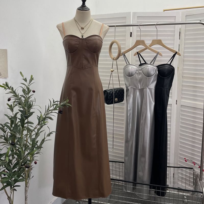 Faux Leather A-Line Midi Dress