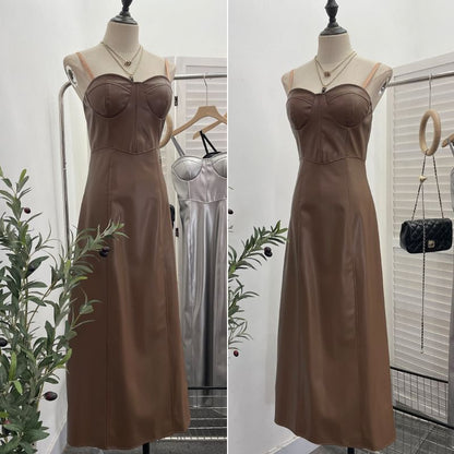 Faux Leather A-Line Midi Dress
