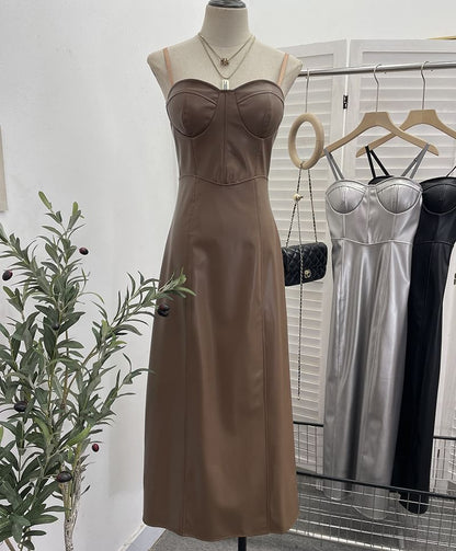Faux Leather A-Line Midi Dress
