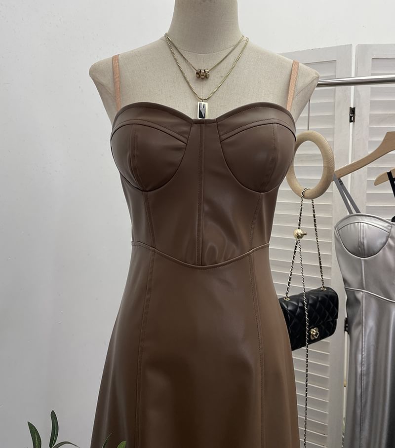 Faux Leather A-Line Midi Dress