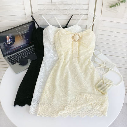 Rhinestone Buckled Lace Bodycon Mini Dress