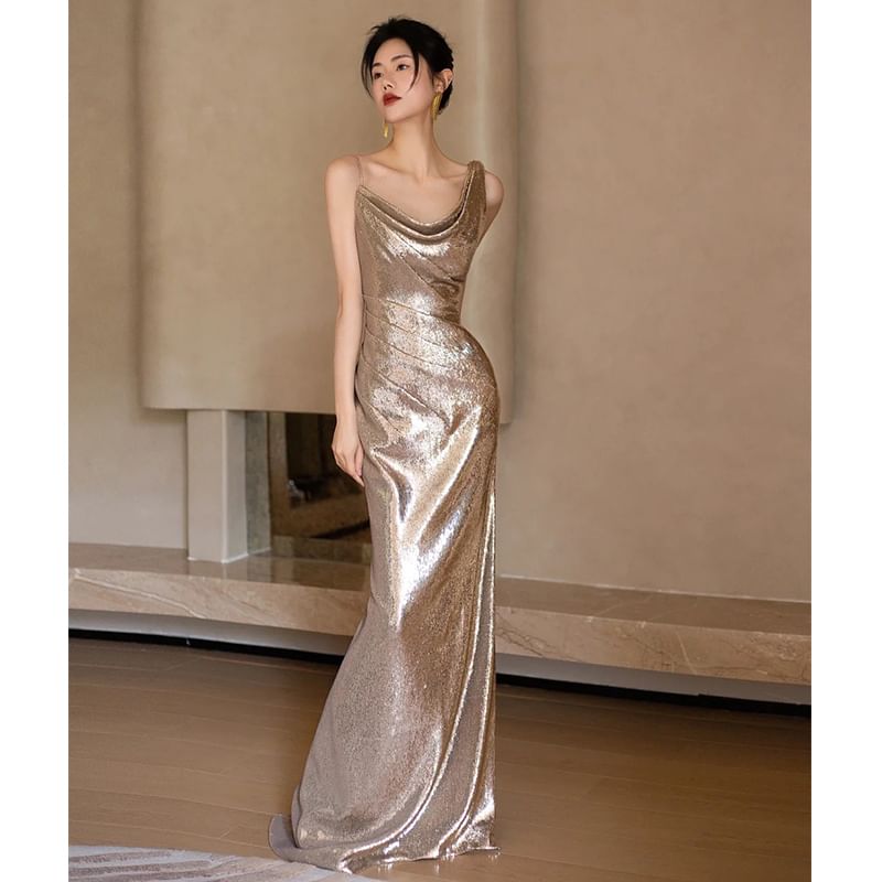 Asymmetrical Sequined Mermaid Evening Gown