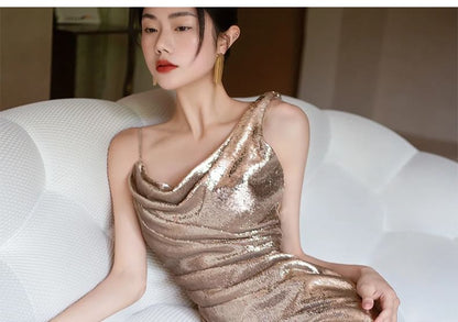 Asymmetrical Sequined Mermaid Evening Gown
