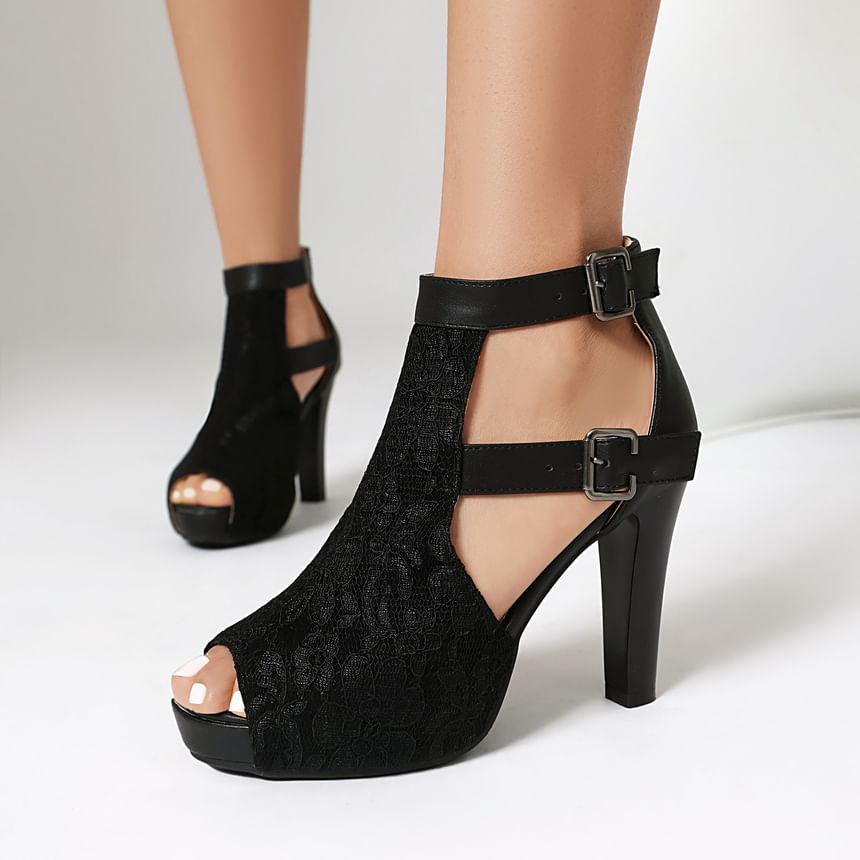High Heel Lace Panel Sandals