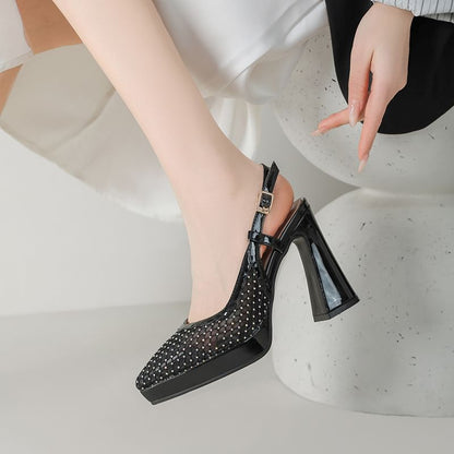 Chunky Heel Pointed Toe Rhinestone Slingback Sandals