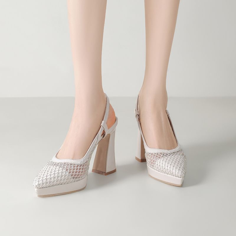 Chunky Heel Pointed Toe Rhinestone Slingback Sandals