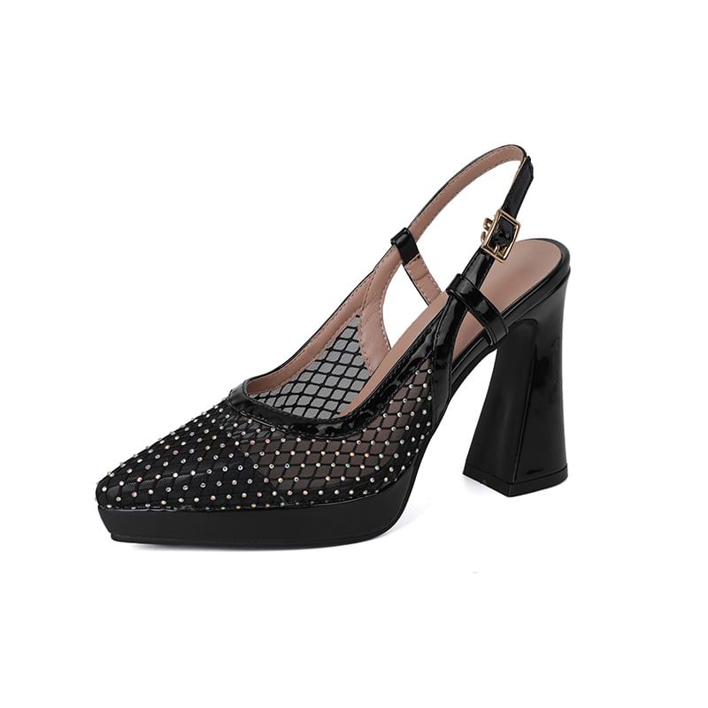 Chunky Heel Pointed Toe Rhinestone Slingback Sandals