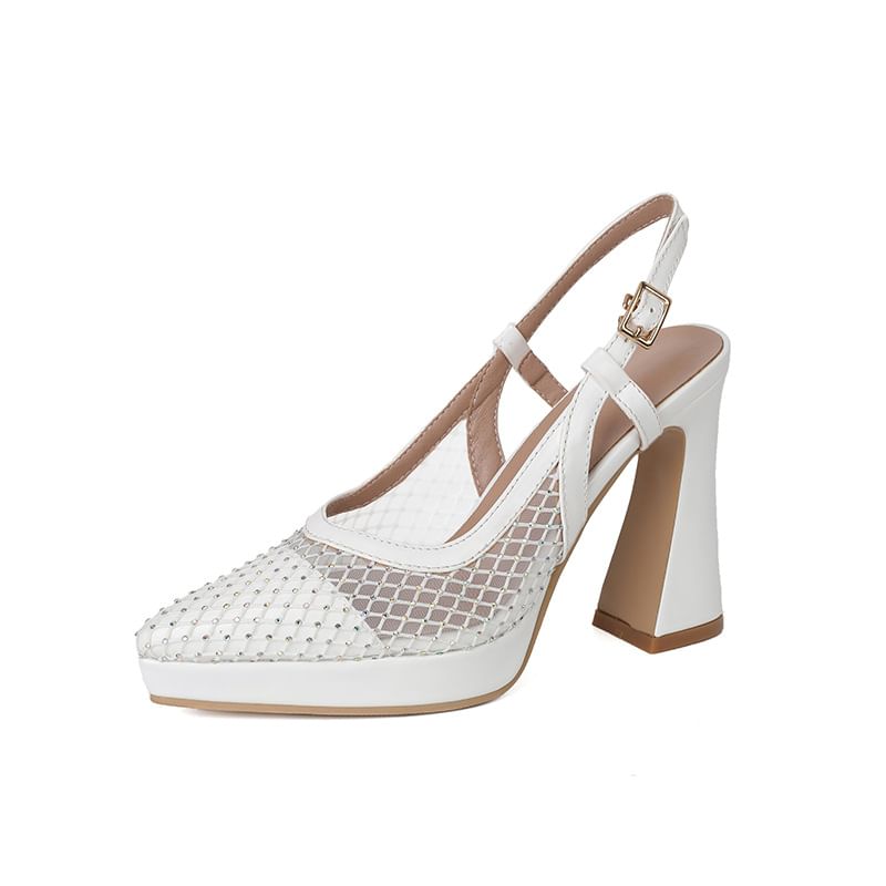 Chunky Heel Pointed Toe Rhinestone Slingback Sandals