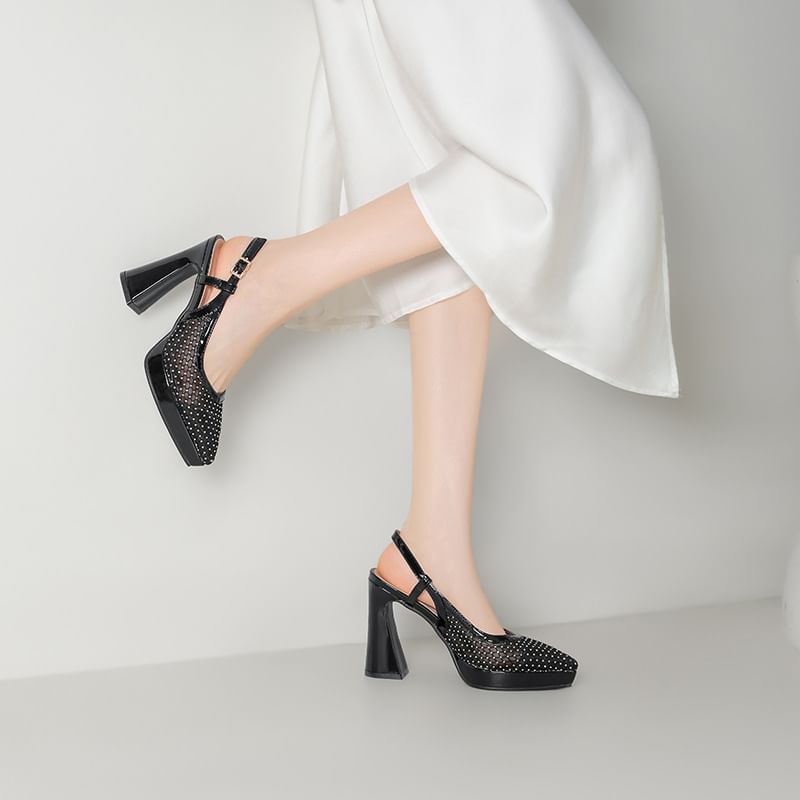 Chunky Heel Pointed Toe Rhinestone Slingback Sandals