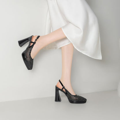 Chunky Heel Pointed Toe Rhinestone Slingback Sandals