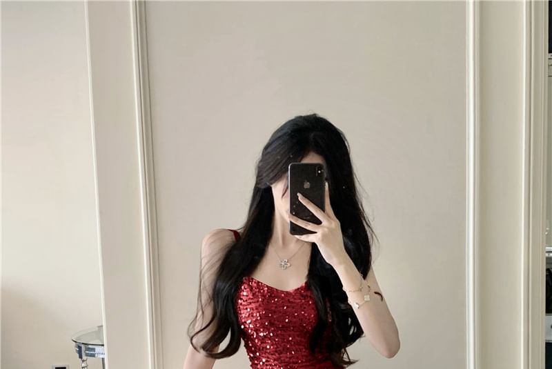 Cowl Neck Sequin A-Line Maxi Dress