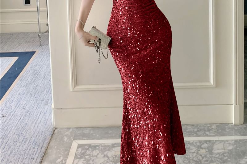 Cowl Neck Sequin A-Line Maxi Dress