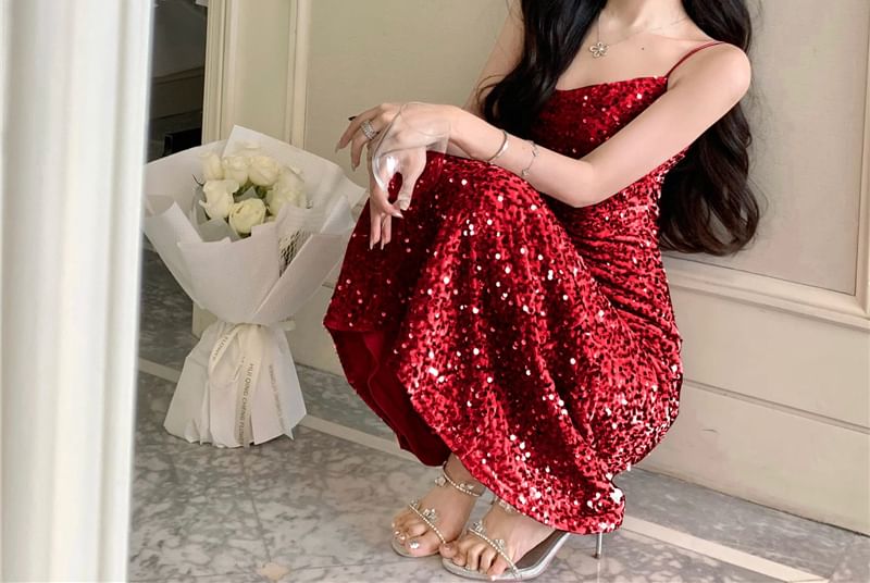 Cowl Neck Sequin A-Line Maxi Dress