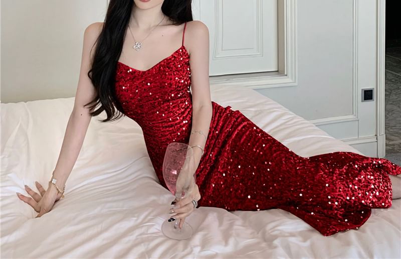 Cowl Neck Sequin A-Line Maxi Dress