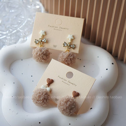 Earring Heart Clip Pom Drop On /