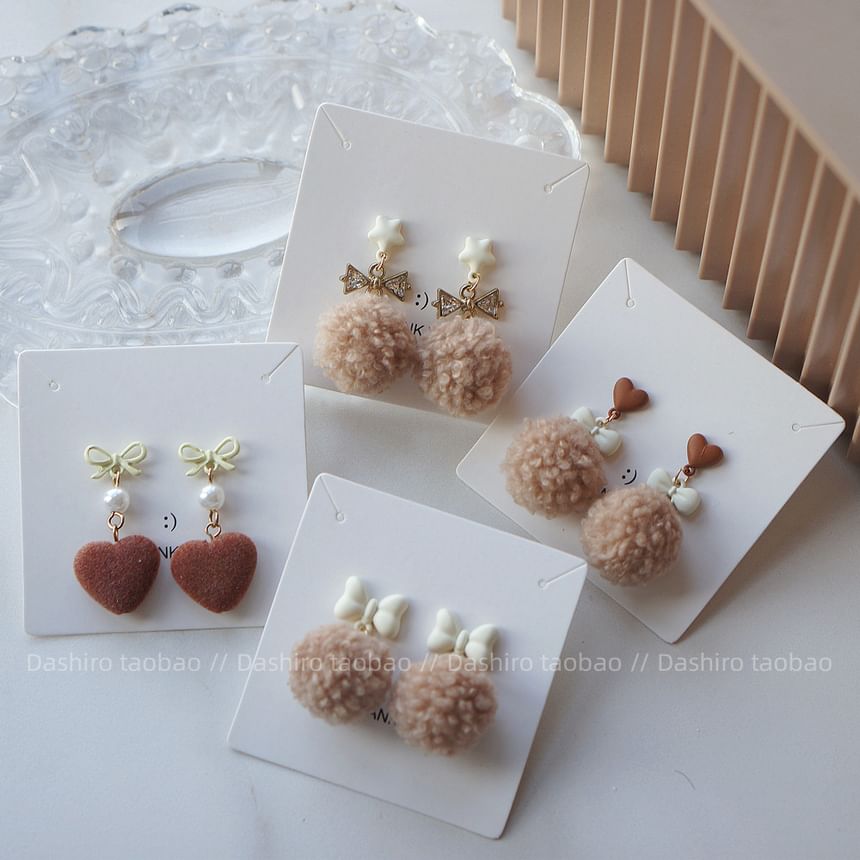 Earring Heart Clip Pom Drop On /