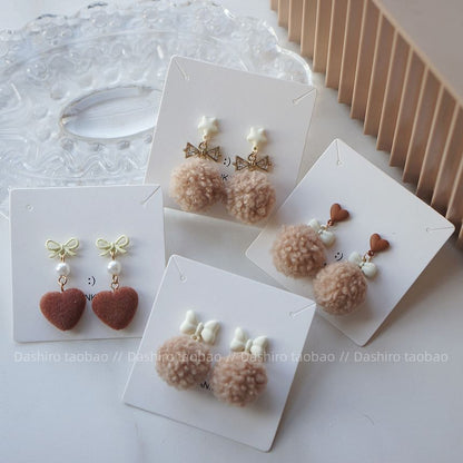 Earring Heart Clip Pom Drop On /