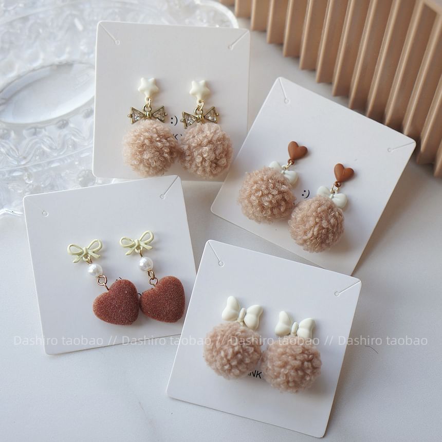 Earring Heart Clip Pom Drop On /