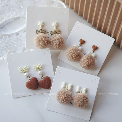 Earring Heart Clip Pom Drop On /