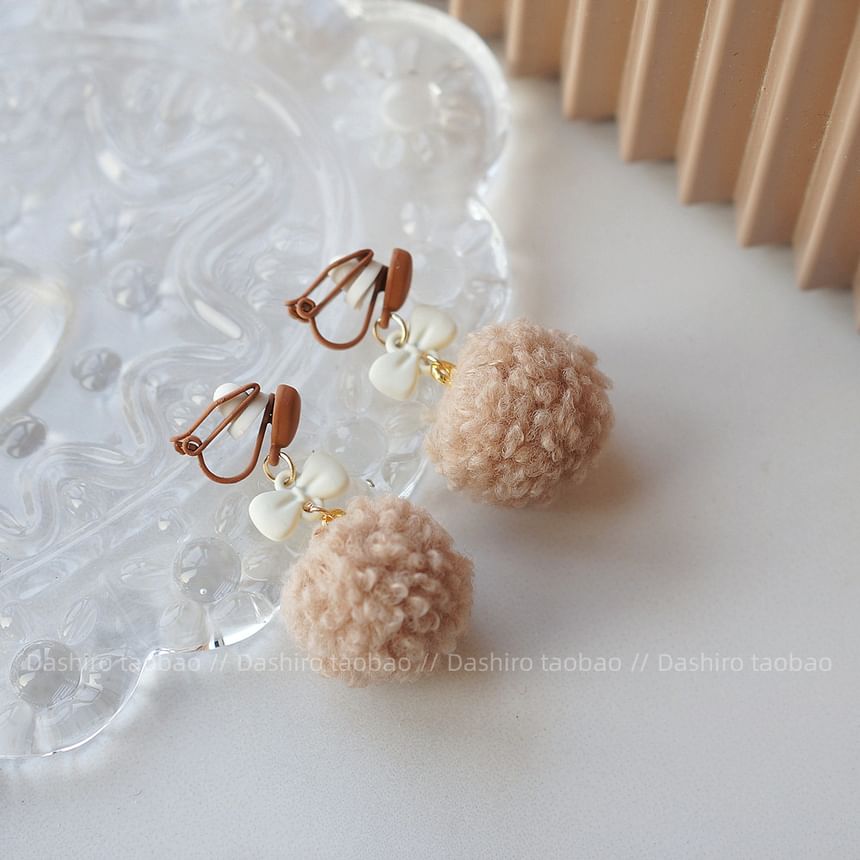 Earring Heart Clip Pom Drop On /