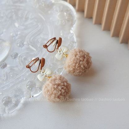 Earring Heart Clip Pom Drop On /