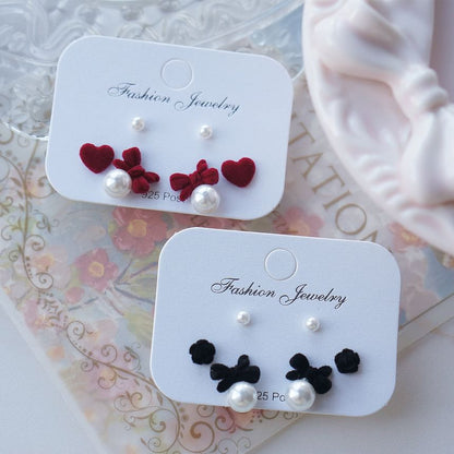 Pearl Bow Stud Set Earring Faux Pairs: 3 of Asymmetrical