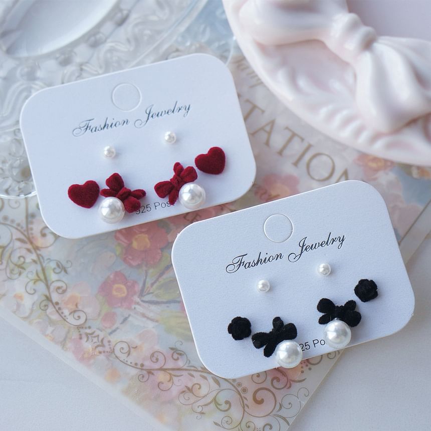 Pearl Bow Stud Set Earring Faux Pairs: 3 of Asymmetrical