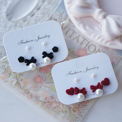 Pearl Bow Stud Set Earring Faux Pairs: 3 of Asymmetrical