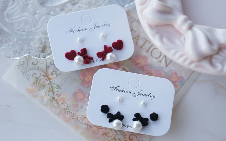 Pearl Bow Stud Set Earring Faux Pairs: 3 of Asymmetrical