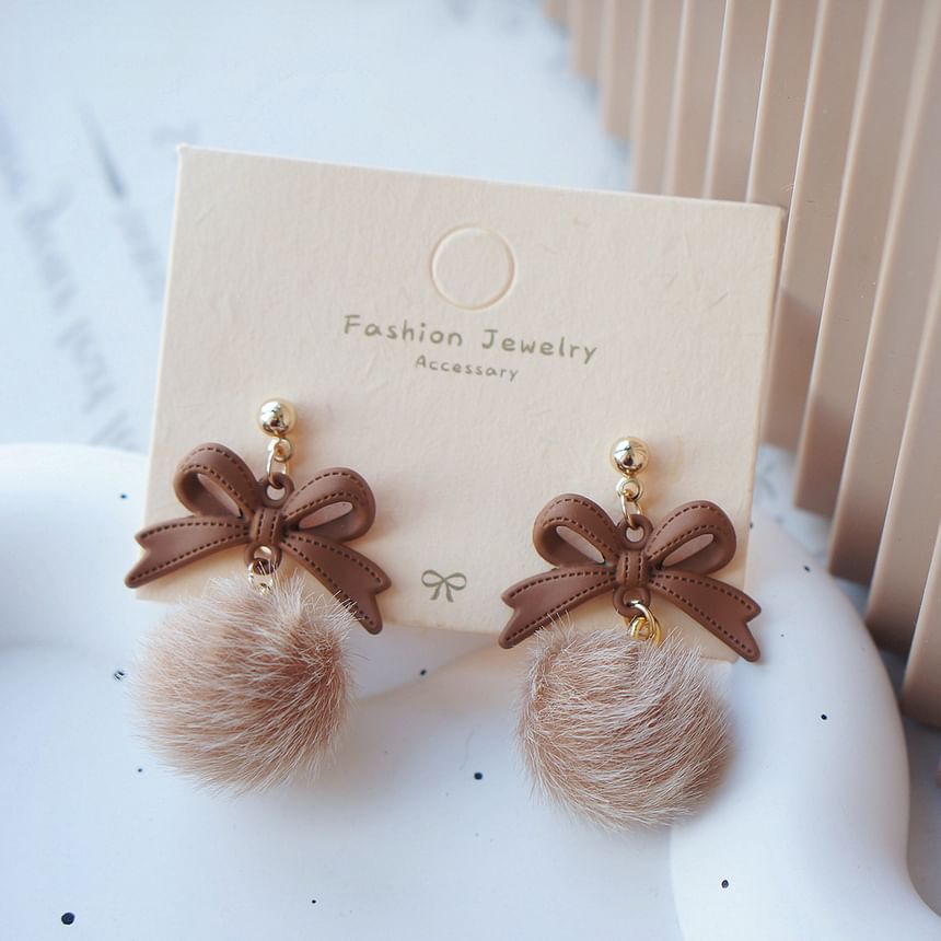Bow Pom Earring Drop Clip On /