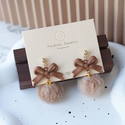 Bow Pom Earring Drop Clip On /