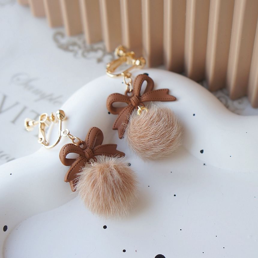 Bow Pom Earring Drop Clip On /