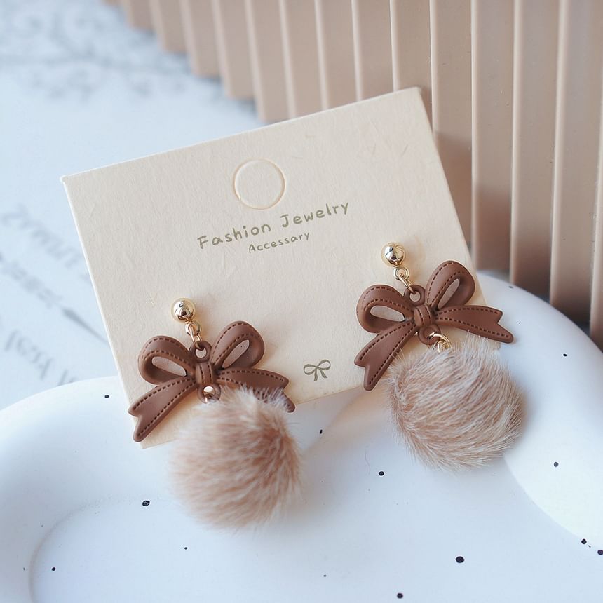 Bow Pom Earring Drop Clip On /