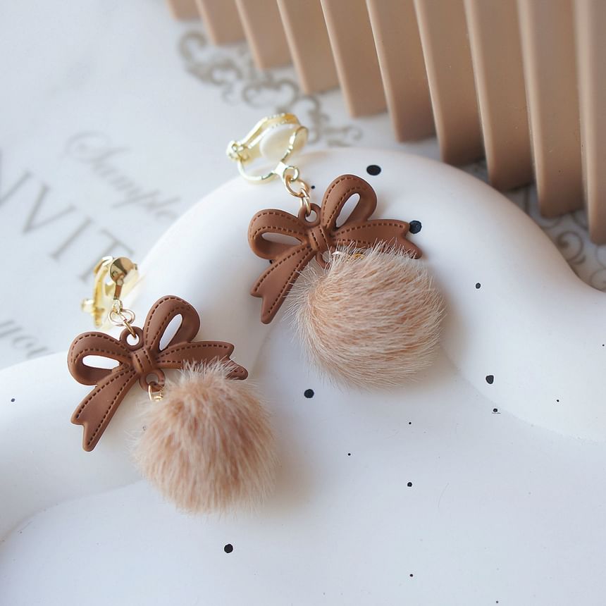 Bow Pom Earring Drop Clip On /